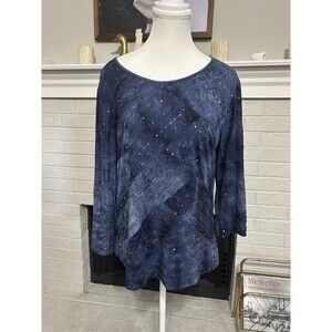 JM Collection Tunic Top Womens Large Blue Ombre Sequin Embroidered Boho Artsy